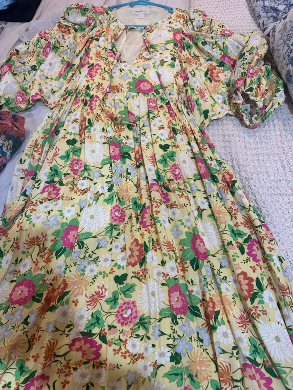 Shop Stevie Yellow Floral Tie-Neck Midi Dress